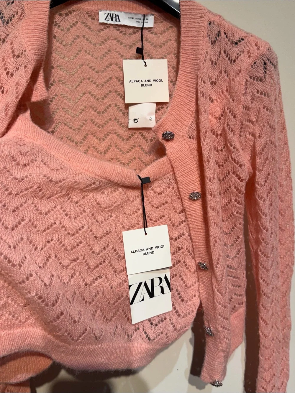 Zara Women’s Pink Alpaca Blend Openwork Cardigan Sweater + Top set - Picture 5 of 5